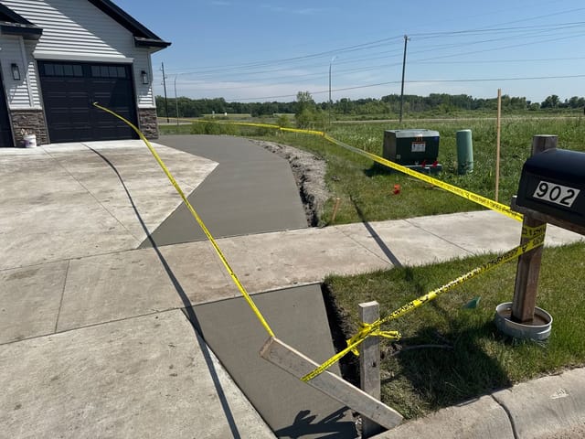 Freshly poured concrete walkway and curb ramp leading from a residential driveway to the sidewalk, bordered by yellow caution tape while the concrete cures.